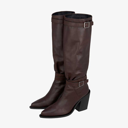 Dark Brown Vegan Leather Pointed Toe 3__ Chunky Heel Knee High Boots