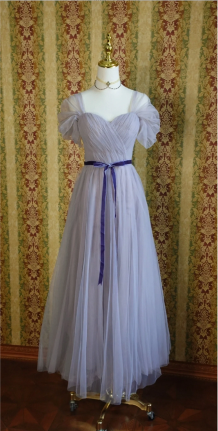 Elegant Purple A-line Puff Sleeve Tulle Long Prom Dress Evening Dress Bridesmaid Dress P4279