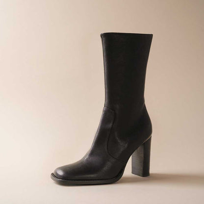 Black Vegan Leather Square Toe Chunky Heel Pull-On Mid Calf Boots