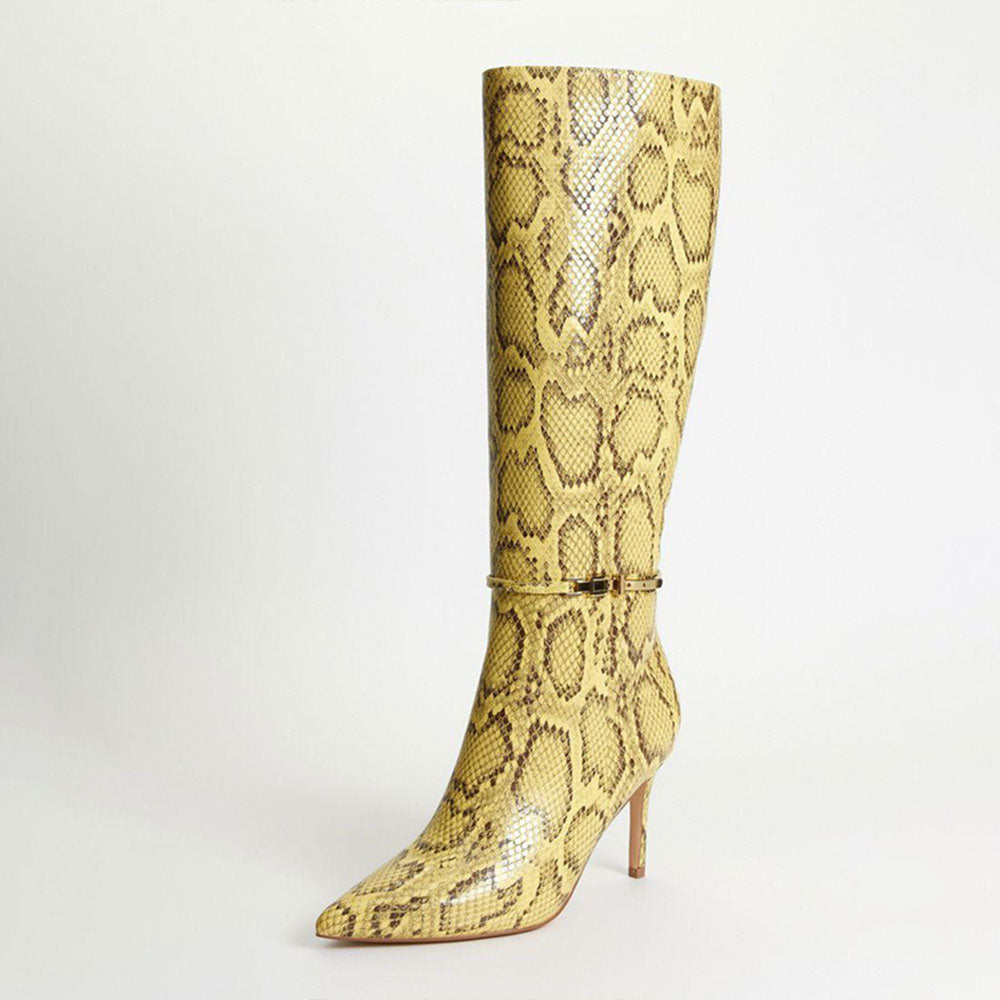 Yellow Python Embossed Stiletto Heel Buckle Decor Knee High Boots