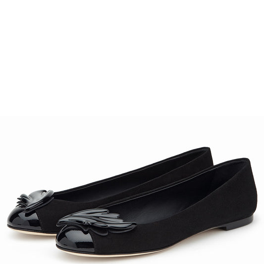 Women's Black Round Toe Low Cut Wings Decorated Flats