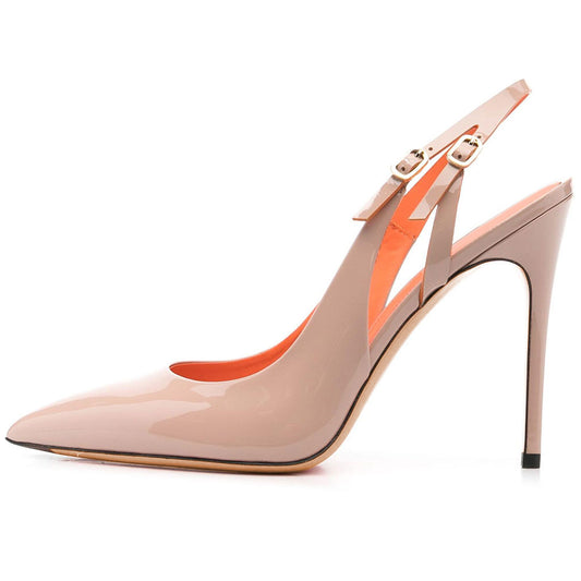 Women's Patent Leather Slingback Stilettos Cut Out Detail Nude Pumps