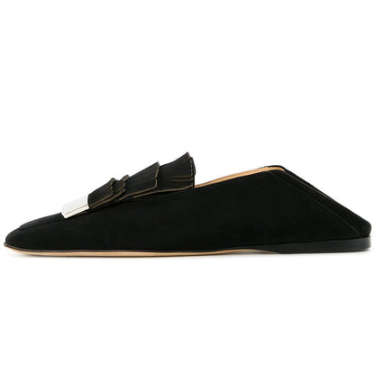 Black Vegan Suede Square Toe Flats Fringe Loafers for Women