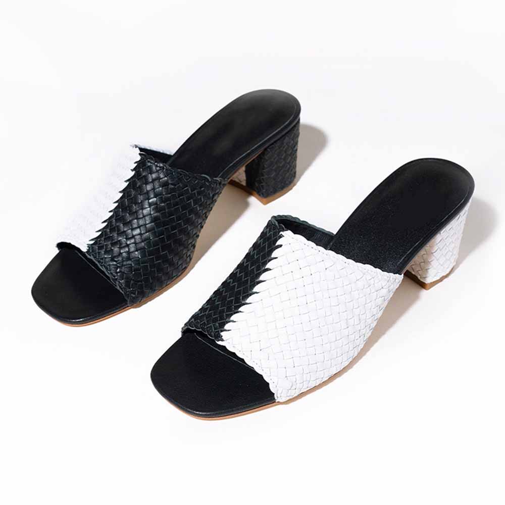 Black & White Woven Square Toe Block Heel Mules Sandals for Women