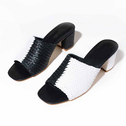 Black & White Woven Square Toe Block Heel Mules Sandals for Women