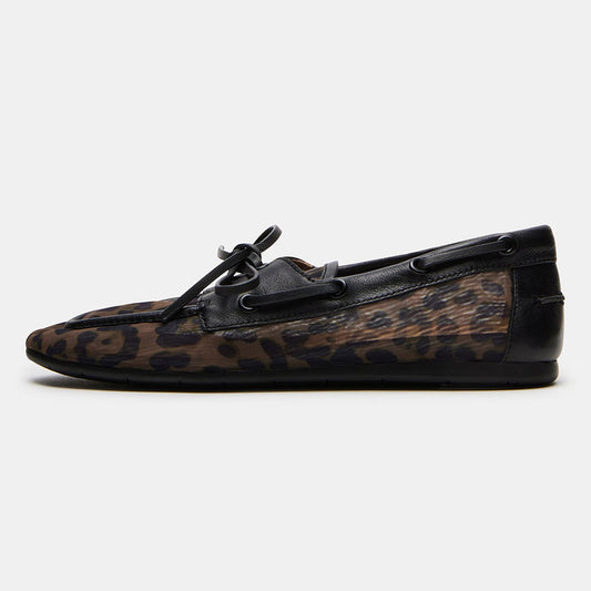 Fashion Lace Up Round Toe Brown Women's Loafer Leopard Flats