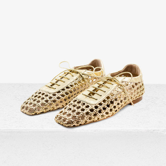Vegan leather Square Toe Woven Flats Lace-Up Shoes in Gold