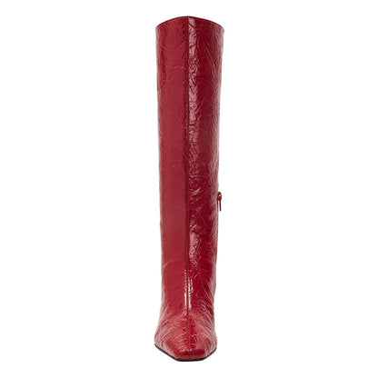 Red Crinkled Finish Square Toe Side-Zipper Heeled Knee High Boots