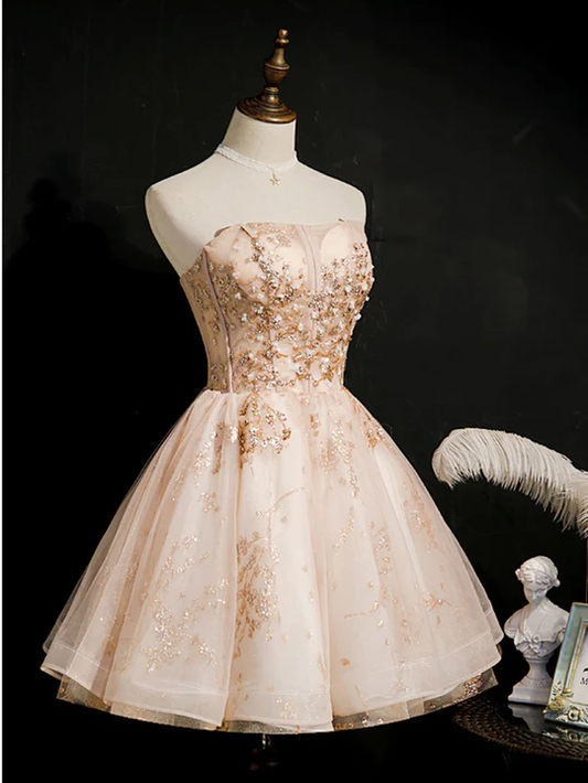 Vintage Champagne Applique Beaded Strapless Design A-line Tulle Party Dress Homecoming Dress TP4072