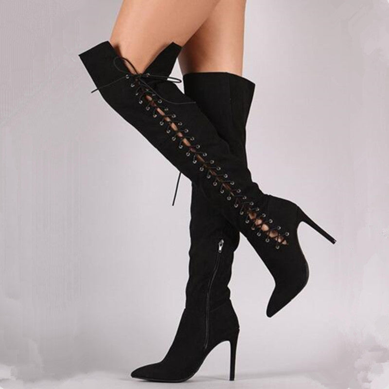 Black Vegan Suede Side Lace Up Stiletto Heel Over The Knee Boots