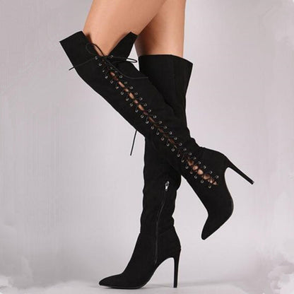 Black Vegan Suede Side Lace Up Stiletto Heel Over The Knee Boots