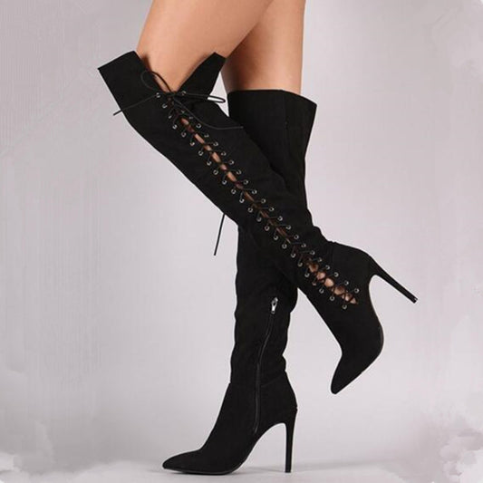 Black Vegan Suede Side Lace Up Stiletto Heel Over The Knee Boots