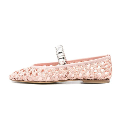 Light Pink Cutout Round Toe Rhinestone Ballet Flats with A Strap