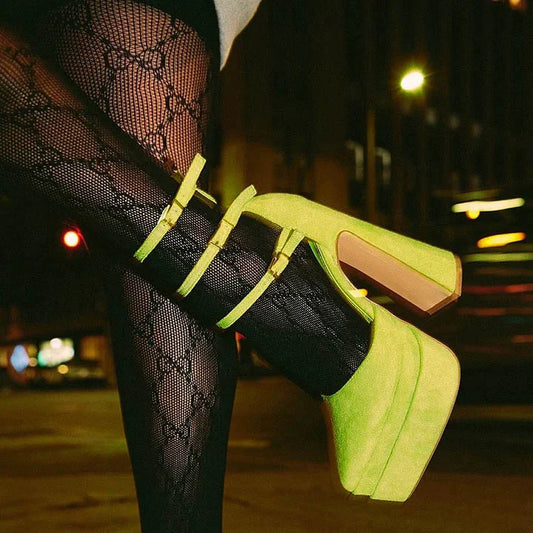 Women's Green Vegan Suede Triple Ankle Strap Platform Pumps Heels