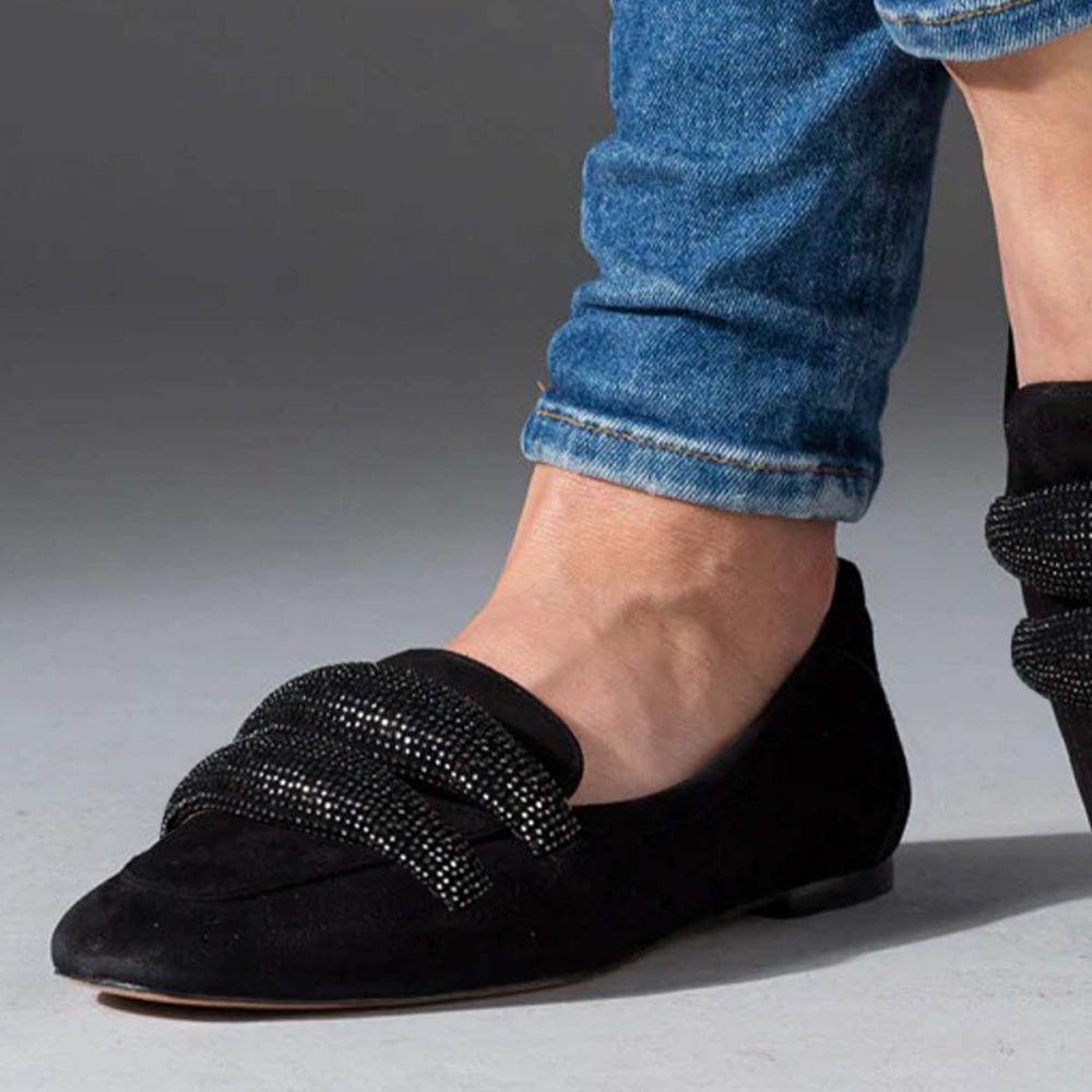 Black Vegan Suede Commuting Flats Rhinestone Accent Women's Loafers