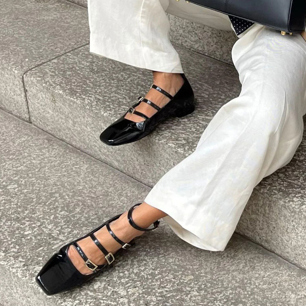 Black Patent Leather Buckled Square Toe Mary Jane Flats