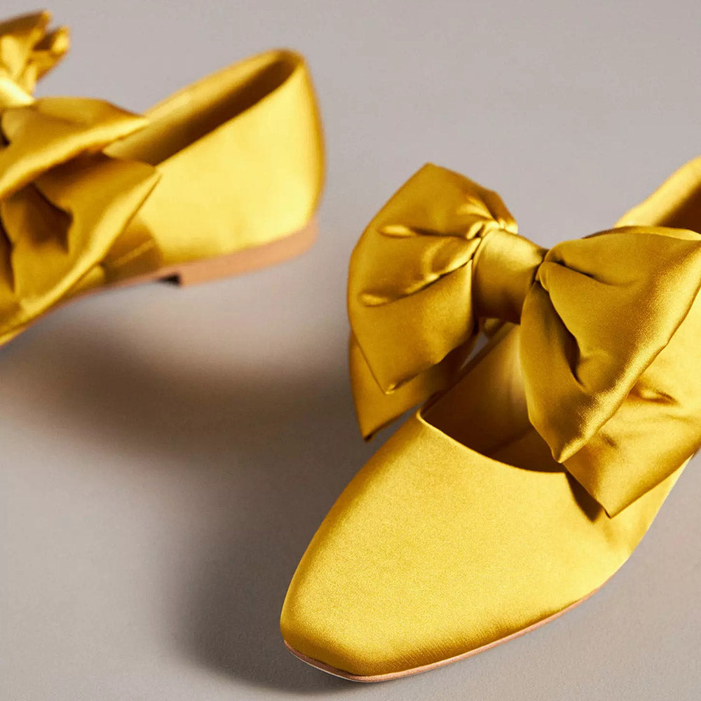 Yellow Satin Square Toe Mary Jane Flats with  Bow Decor