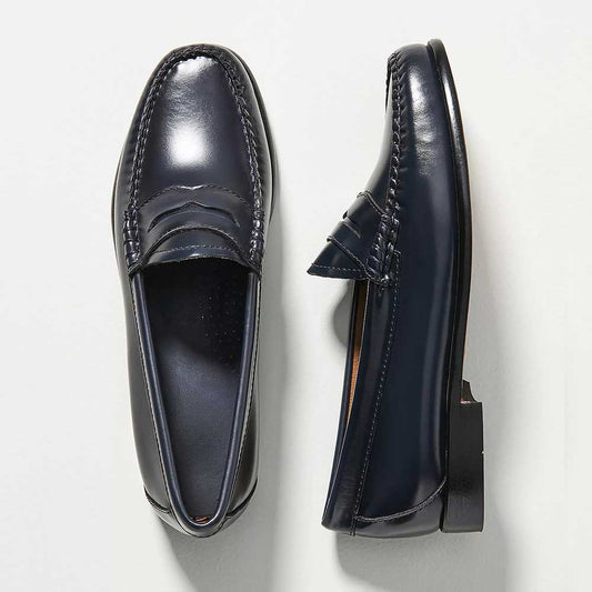 Navy Vegan Leather Square Toe Flat Slip-On Formal Loafers