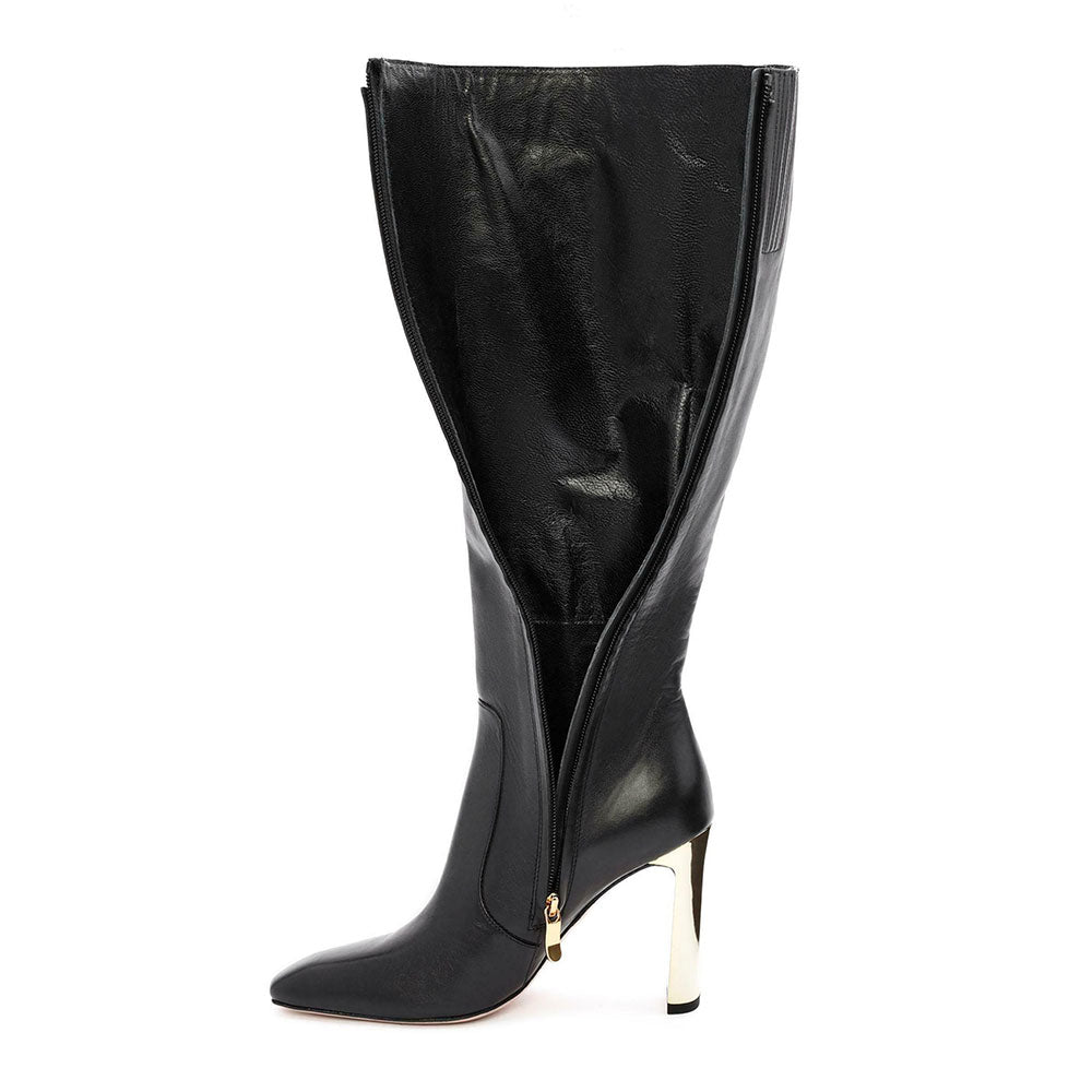 Black Square Toe Metallic Chunky Heel Zipper Knee High Boots for Women