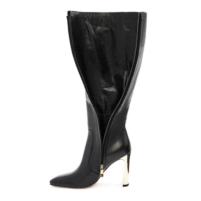 Black Square Toe Metallic Chunky Heel Zipper Knee High Boots for Women