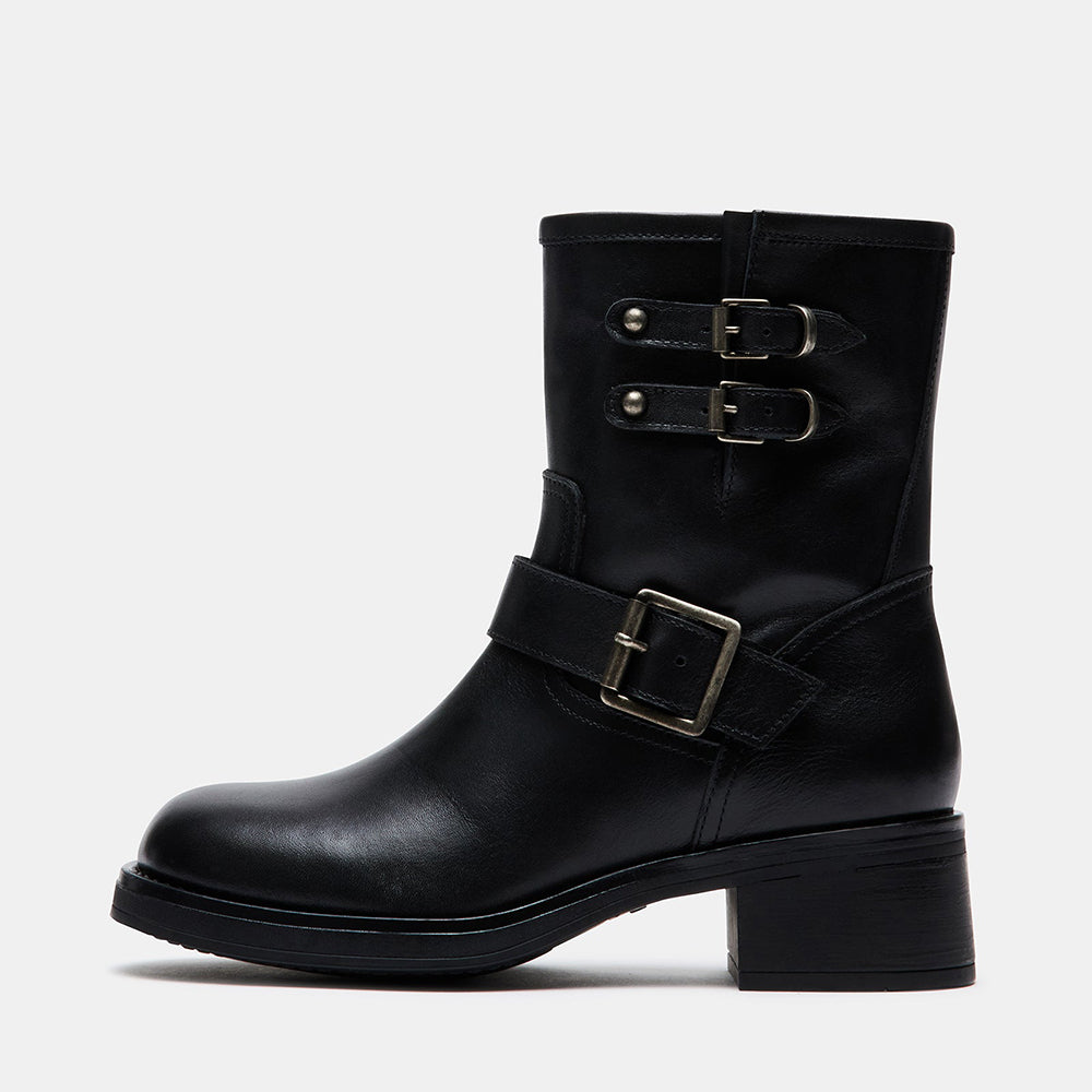 Black Round Toe Low Chunky Heel Buckled Ankle Boots