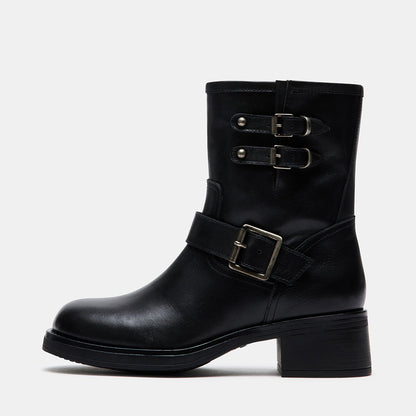 Black Round Toe Low Chunky Heel Buckled Ankle Boots