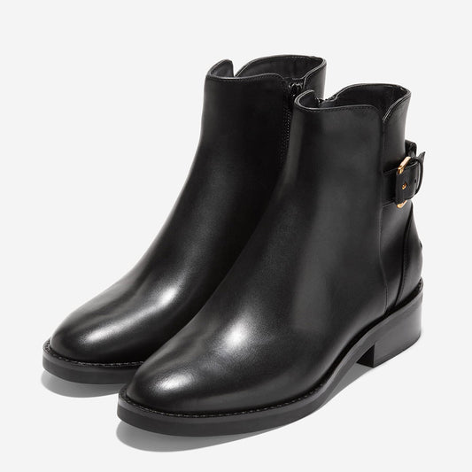 Black Round Toe Low Heel Buckle Strap Zipper Ankle Boots for Women