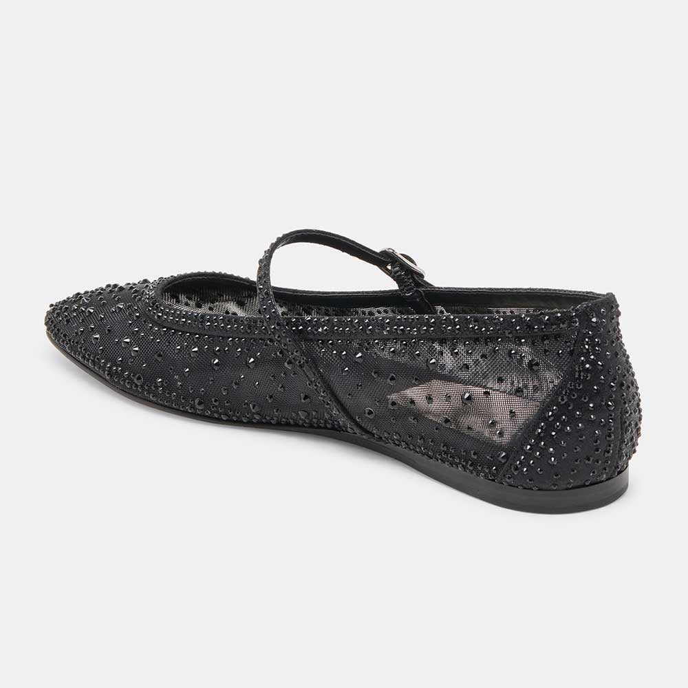 Black All-Over Rhinestone Square Toe Buckle Strap Mesh Flats