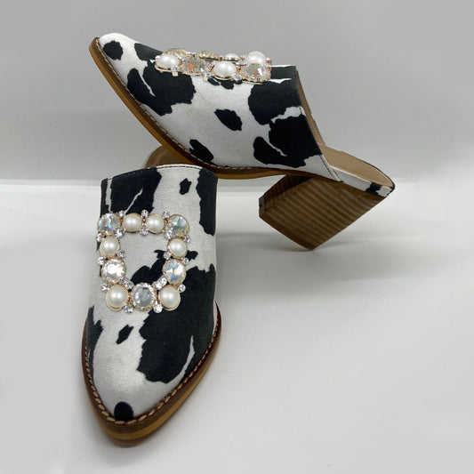 Black & White Cow Suede Pointed Toe Chunky Heel Mules with Pearl Decor