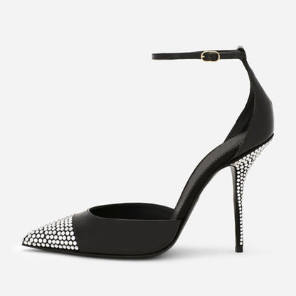 Women's Pointed Toe Rhinestone Stiletto Heels Ankle Strap Black Pumps