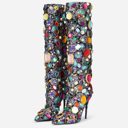 Multicolor Crystal Decor Pointy Toe Knee High Boots with Stiletto Heel