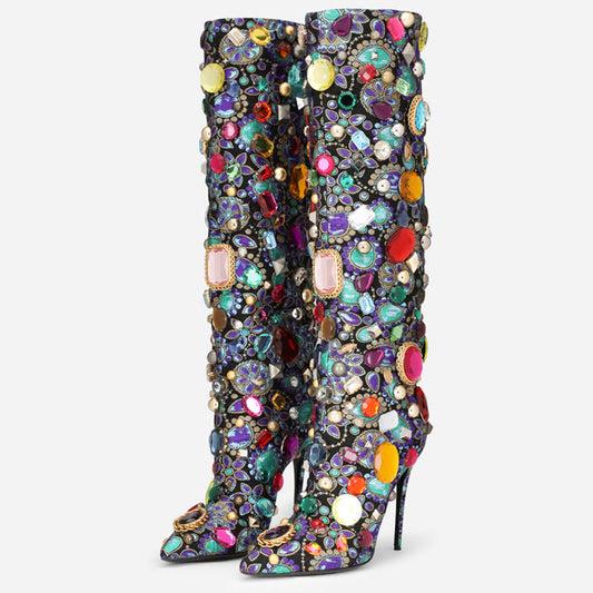 Multicolor Crystal Decor Pointy Toe Knee High Boots with Stiletto Heel