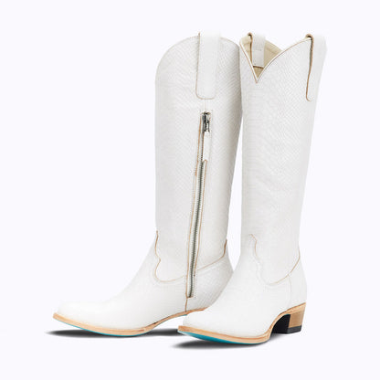 White Vegan Leather Closed Toe  Chunky Heel Knee High Boots