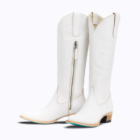 White Vegan Leather Closed Toe  Chunky Heel Knee High Boots