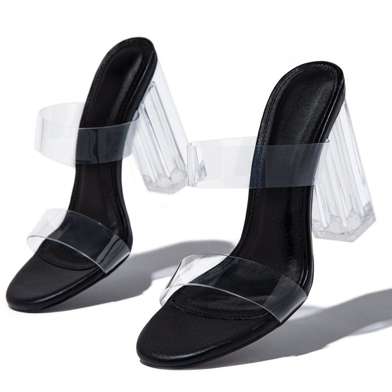 Black Lucite Heel Shoes Open Toe Double Strap Mules Sandals