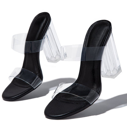Black Lucite Heel Shoes Open Toe Double Strap Mules Sandals