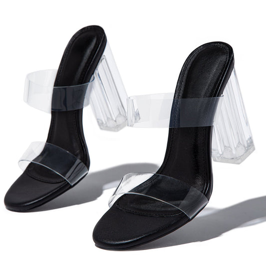 Black Lucite Heel Shoes Open Toe Double Strap Mules Sandals