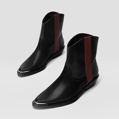 Black Flat Ankle Boots with Burgundy Stripe