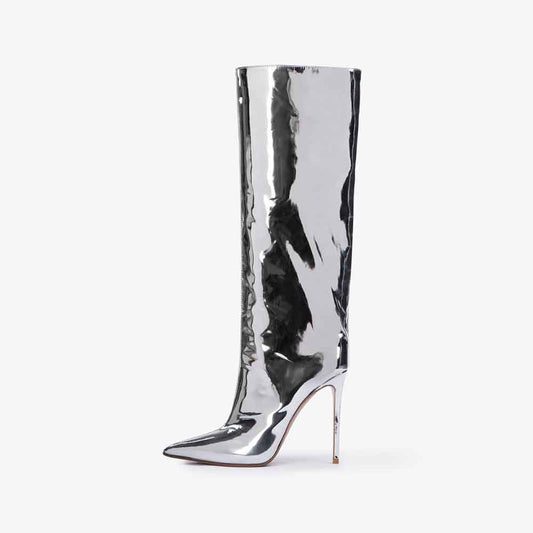 Silver Metallic Pointed Toe Stiletto Heel Knee High Boots