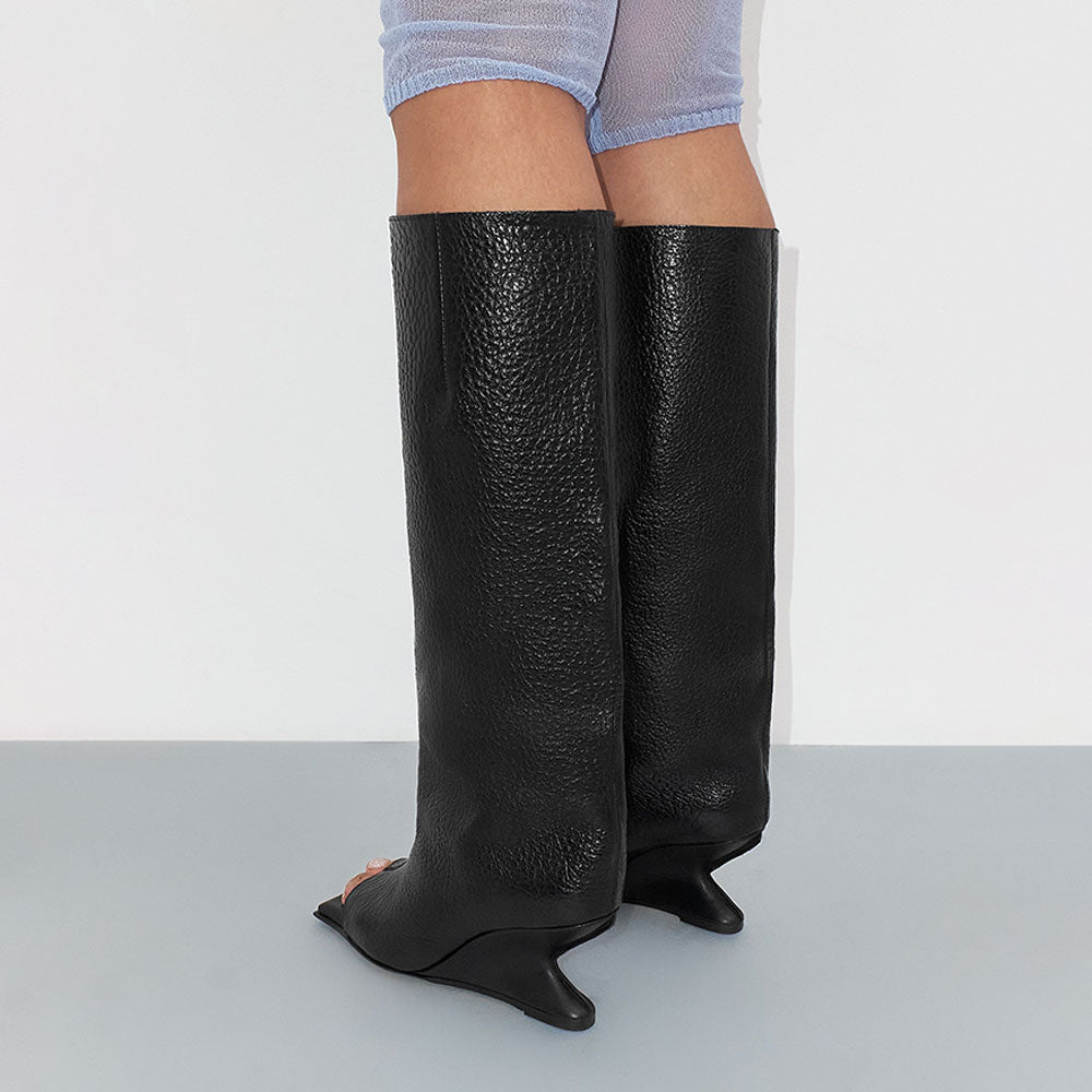 FSJ Black Open Square Toe Textured Wedge Heel Knee High Boots