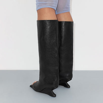 FSJ Black Open Square Toe Textured Wedge Heel Knee High Boots