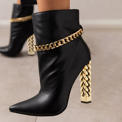 Black Pointed Toe Decorative Heel Ankle Boots with Gold Chain