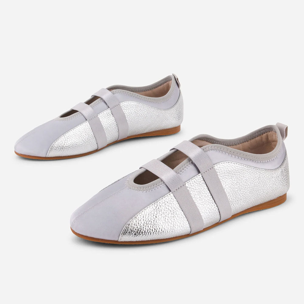 Gray and Silver Round Toe Elastic Band Casual Ballet Flats