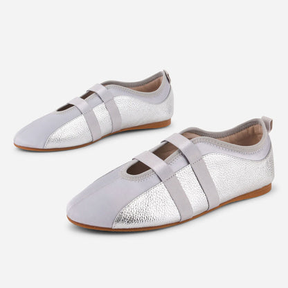 Gray and Silver Round Toe Elastic Band Casual Ballet Flats