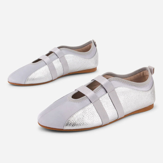 Gray and Silver Round Toe Elastic Band Casual Ballet Flats