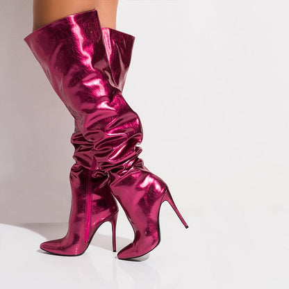 Fuchsia Slouch Boots Stiletto Heel Knee High Boots
