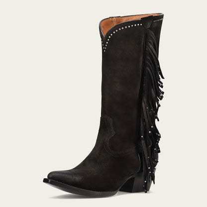 Black Fringe Pointed Toe Chunky Heel Mid Calf Boots with Studs