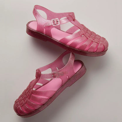 Pink Rubber Round Toe Flat Woven Buckle Strappy Sandals