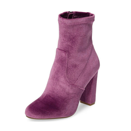 Women's Purple Chunky Heel Velvet Round Toe Ankle Boots
