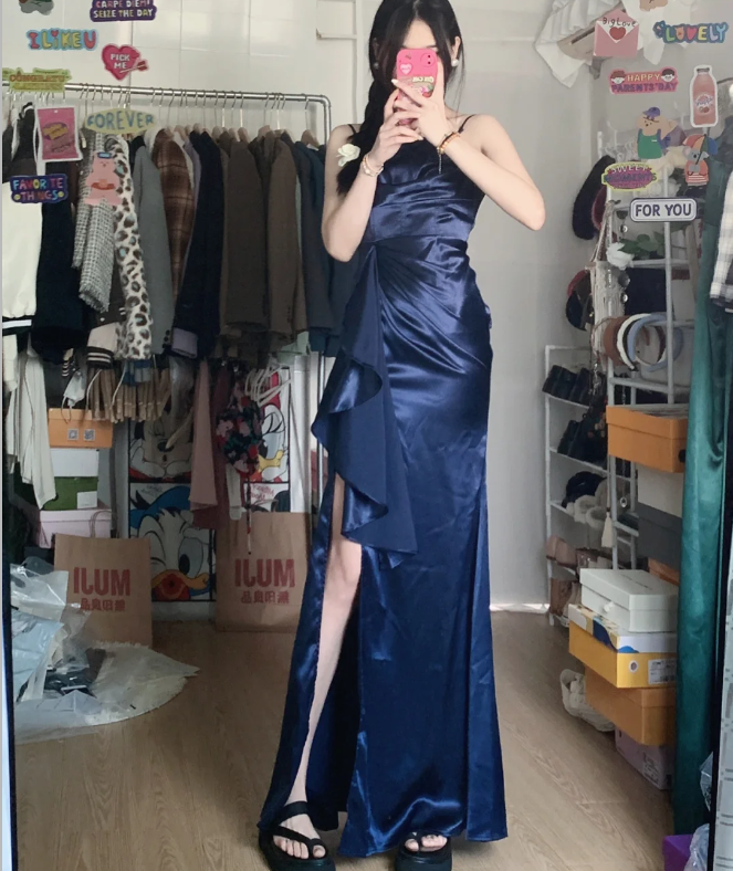 Elegant Navy Blue Mermaid High-Slit Ruffled Satin Long Prom Dress Evening Dress P4288